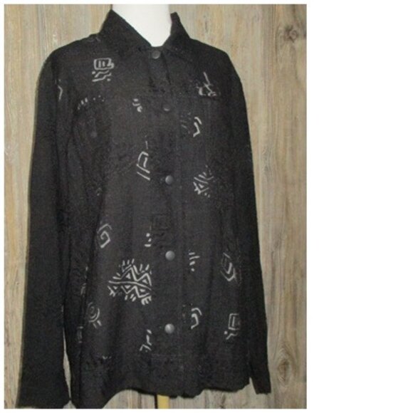 CHICOS Size 2 US Sz L 12 Womens Top Button Down Shirt Black Sheer Print Festival - Picture 1 of 12